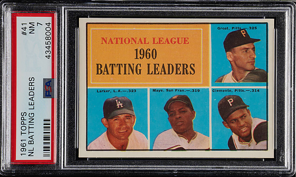 1961 Topps #41 NL Batting Leaders with Willie Mays and Roberto Clemente PSA NM 7