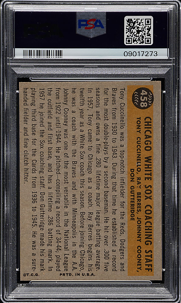 1960 Topps #458 Chicago White Sox Coaches PSA MINT 9