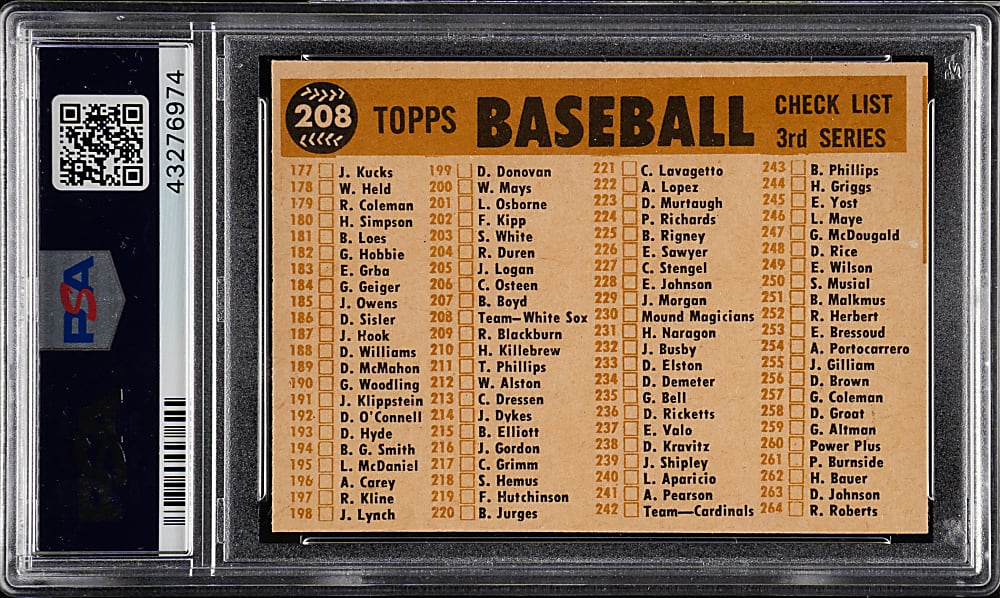 1960 Topps #208 Chicago White Sox Team PSA MINT 9