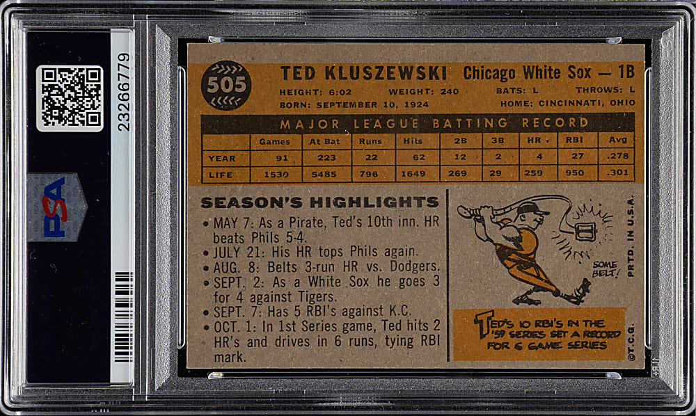 1960 Topps #505 Ted Kluszewski PSA NM-MT 8