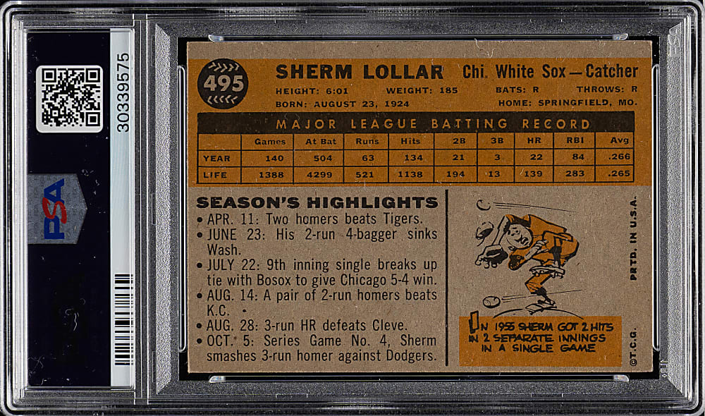 1960 Topps #495 Sherm Lollar PSA NM-MT 8