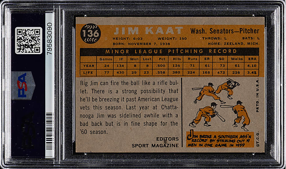 1960 Topps #136 Jim Kaat Rookie PSA NM 7