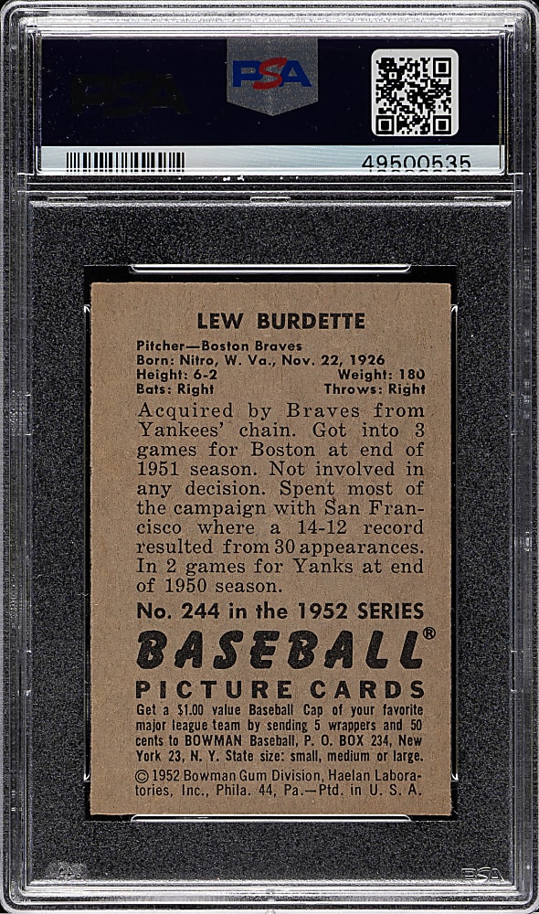 1952 Bowman #244 Lou Burdette PSA NM 7
