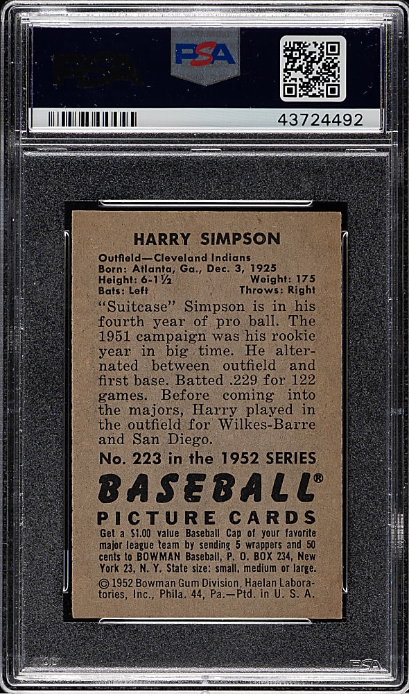 1952 Bowman #223 Harry Simpson PSA NM-MT 8
