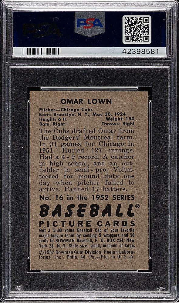 1952 Bowman #16 Omar Lown PSA NM-MT 8