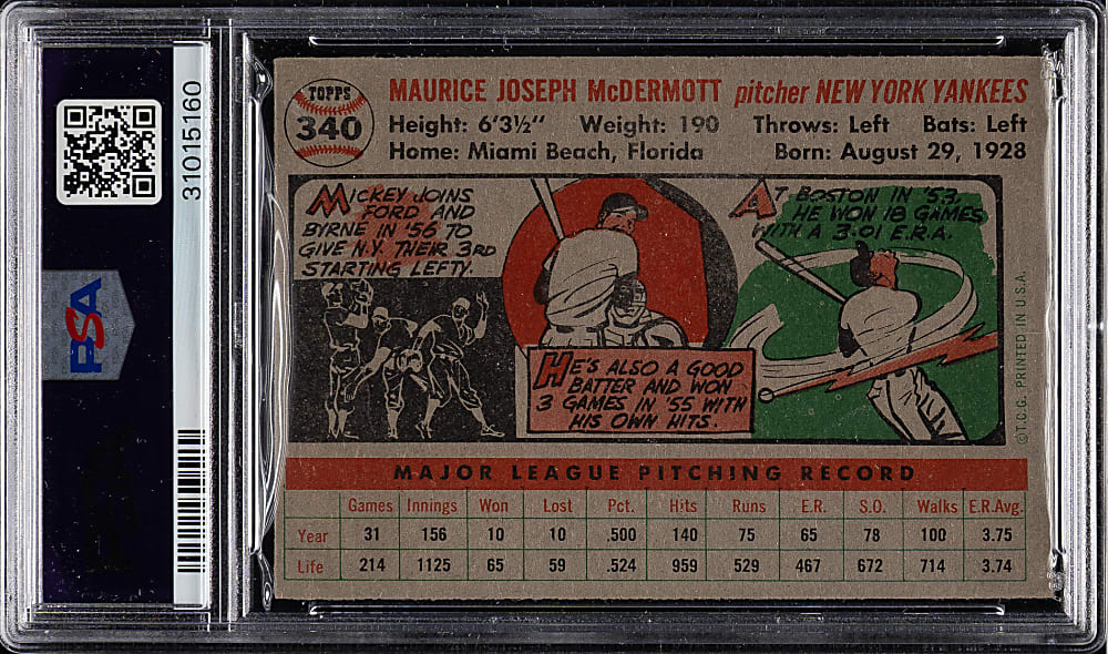 1956 Topps #340 Mickey McDermott PSA NM-MT 8