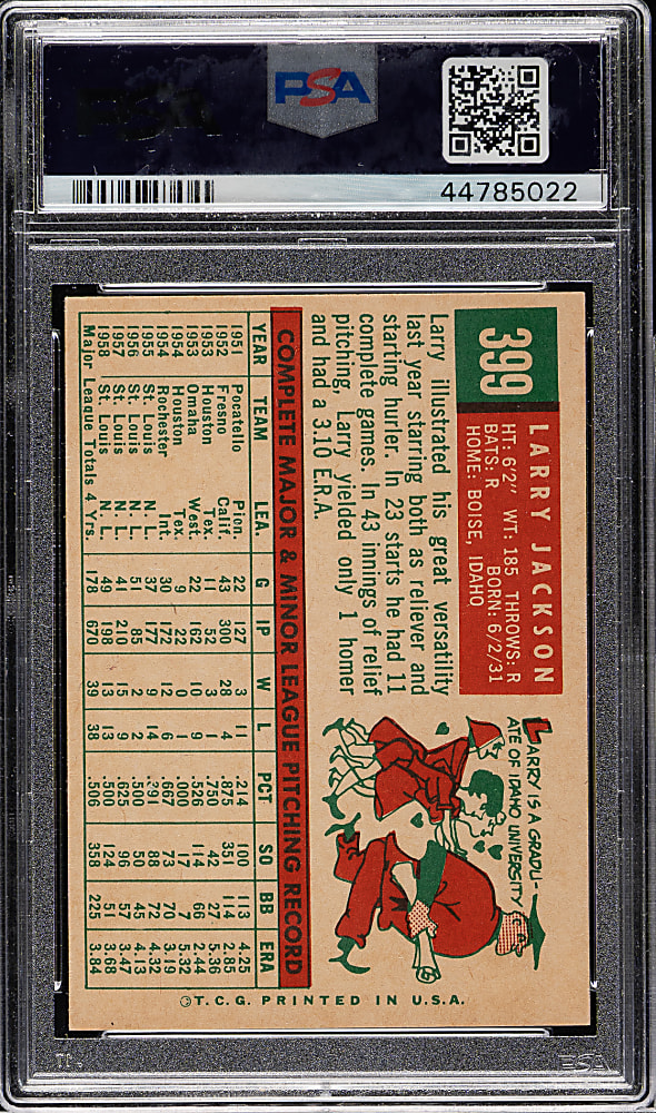 1959 Topps #399 Larry Jackson PSA MINT 9