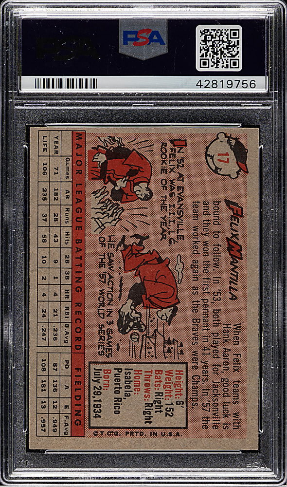 1958 Topps #17 Felix Mantilla PSA NM-MT 8