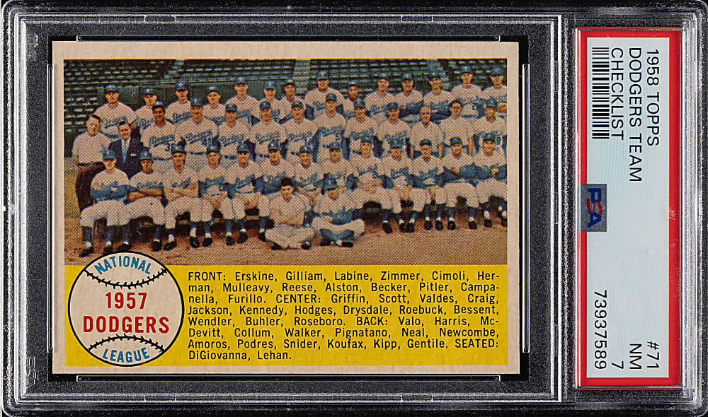 1958 Topps #71 Los Angeles Dodgers Team PSA NM 7