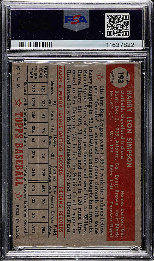 1952 Topps #193 Harry Simpson PSA NM 7