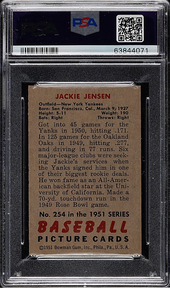 1951 Bowman #254 Jackie Jensen Rookie PSA NM-MT 8