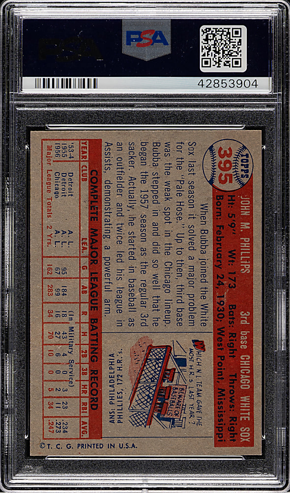 1957 Topps #395 Bubba Phillips PSA NM-MT 8