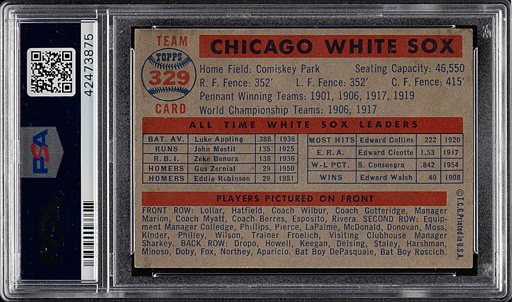 1957 Topps #329 Chicago White Sox Team PSA NM-MT 8