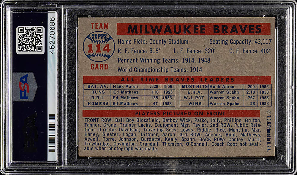 1957 Topps #114 Milwaukee Braves Team PSA NM-MT 8