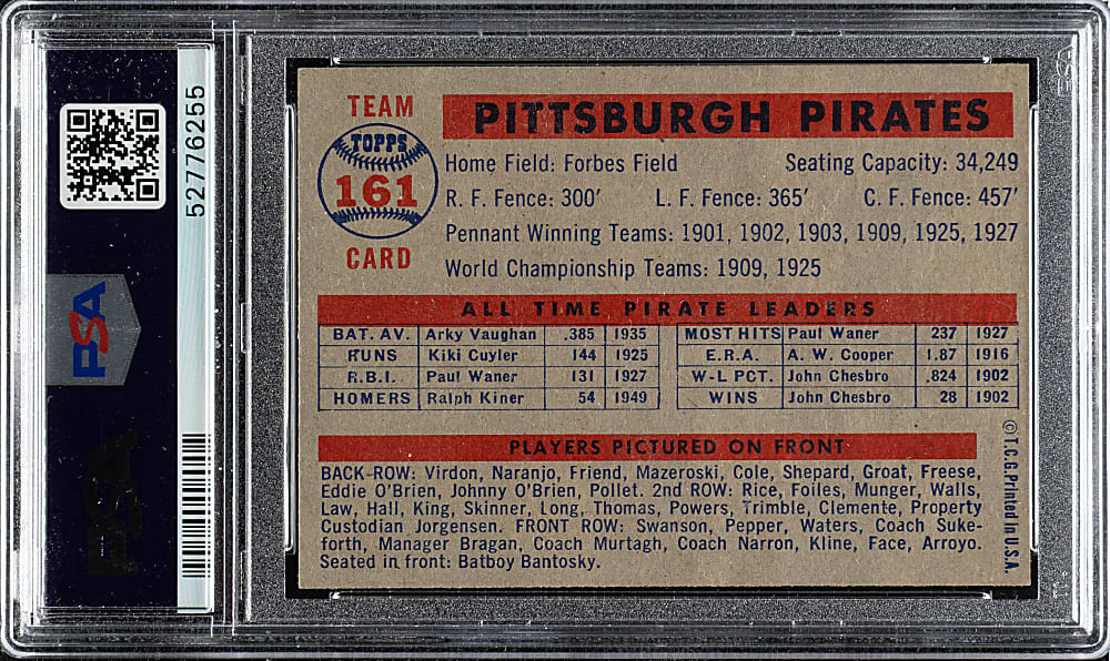 1957 Topps #161 Pittsburgh Pirates Team PSA NM-MT 8