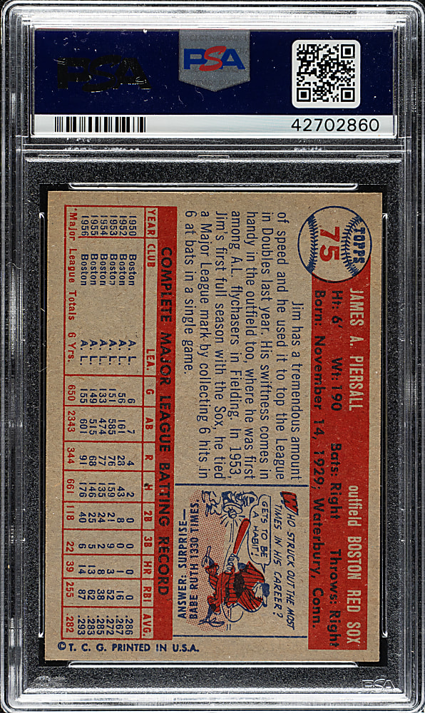 1957 Topps #75 Jim Piersall PSA NM-MT 8