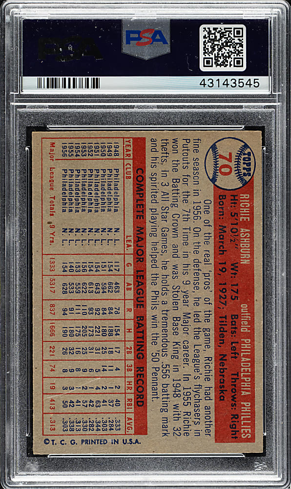 1957 Topps #70 Richie AShburn PSA NM-MT 8