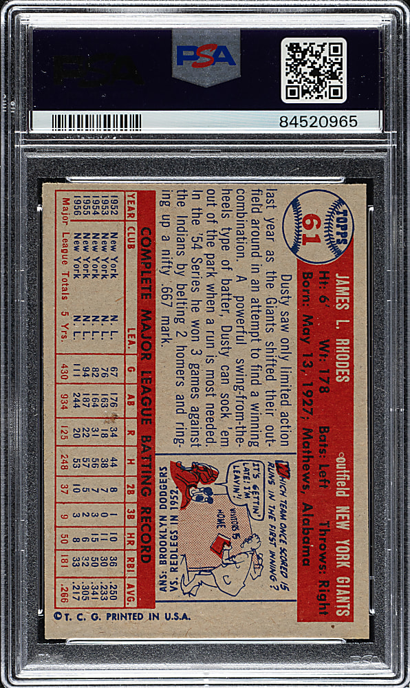 1957 Topps #61 Dusty Rhodes PSA NM-MT 8