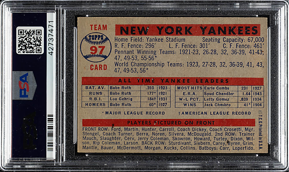 1957 Topps #97 New York Yankees Team PSA NM-MT 8