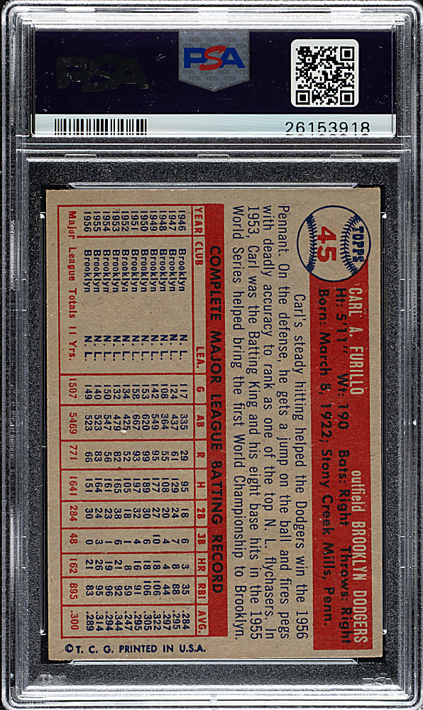 1957 Topps #45 Carl Furillo PSA NM 7