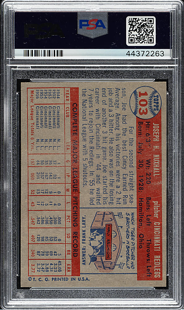 1957 Topps #103 Joe Nuxhall PSA NM 7