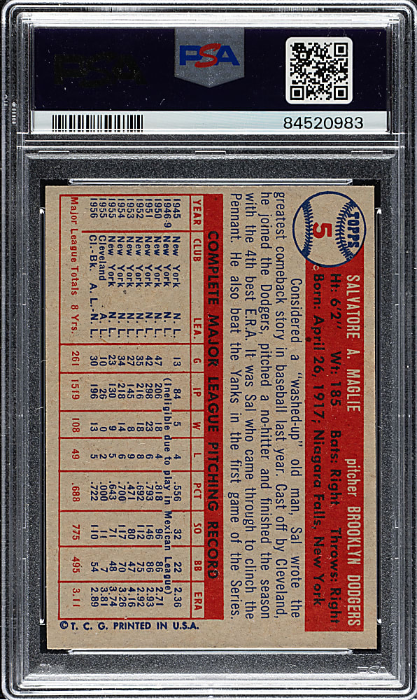1957 Topps #5 Sal Maglie PSA NM 7