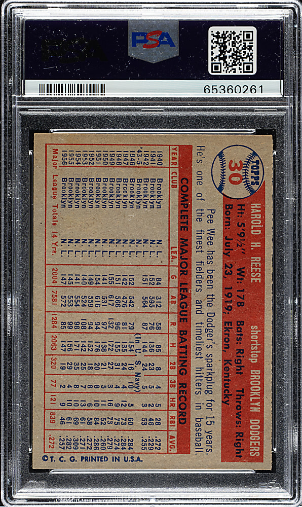 1957 Topps #30 Pee Wee Reese PSA NM 7
