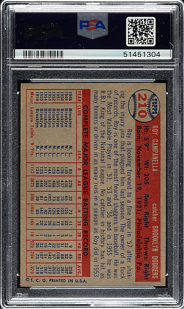 1957 Topps #210 Roy Campanella PSA NM 7