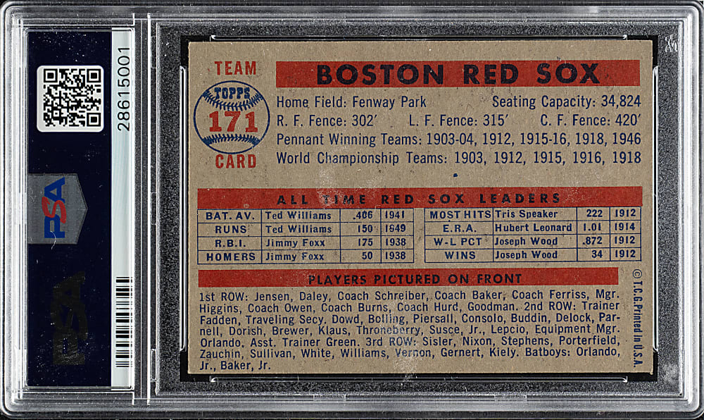 1957 Topps #171 Boston Red Sox Team PSA NM 7