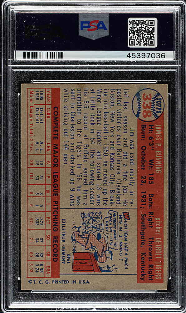 1957 Topps #338 Jim Bunning Rookie PSA NM 7