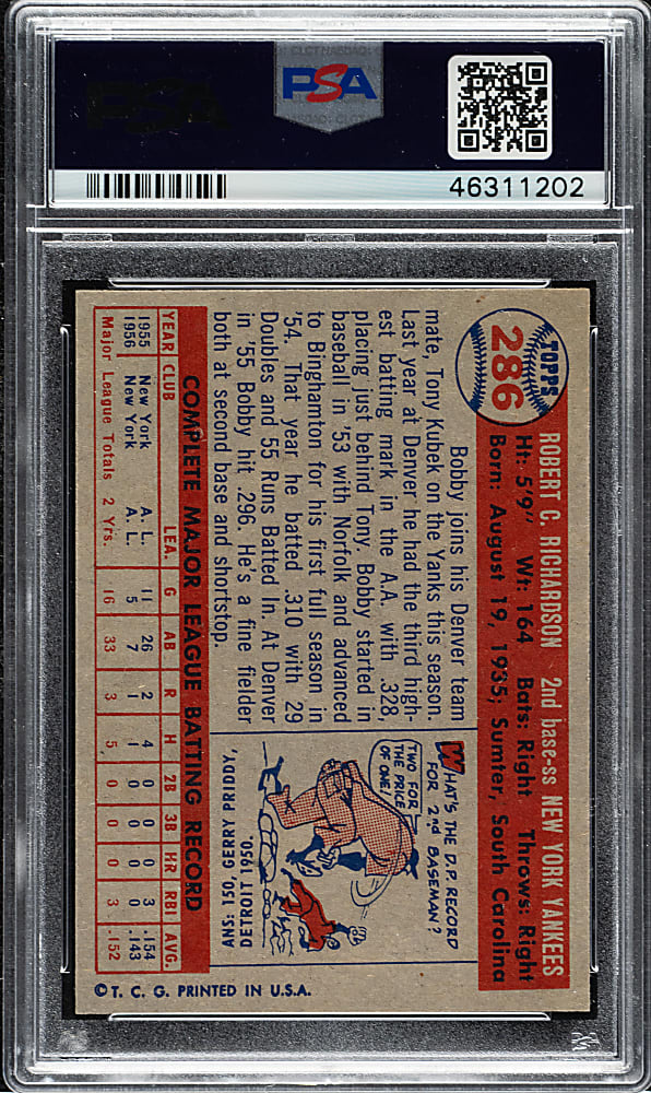 1957 Topps #286 Bobby Richardson PSA NM 7