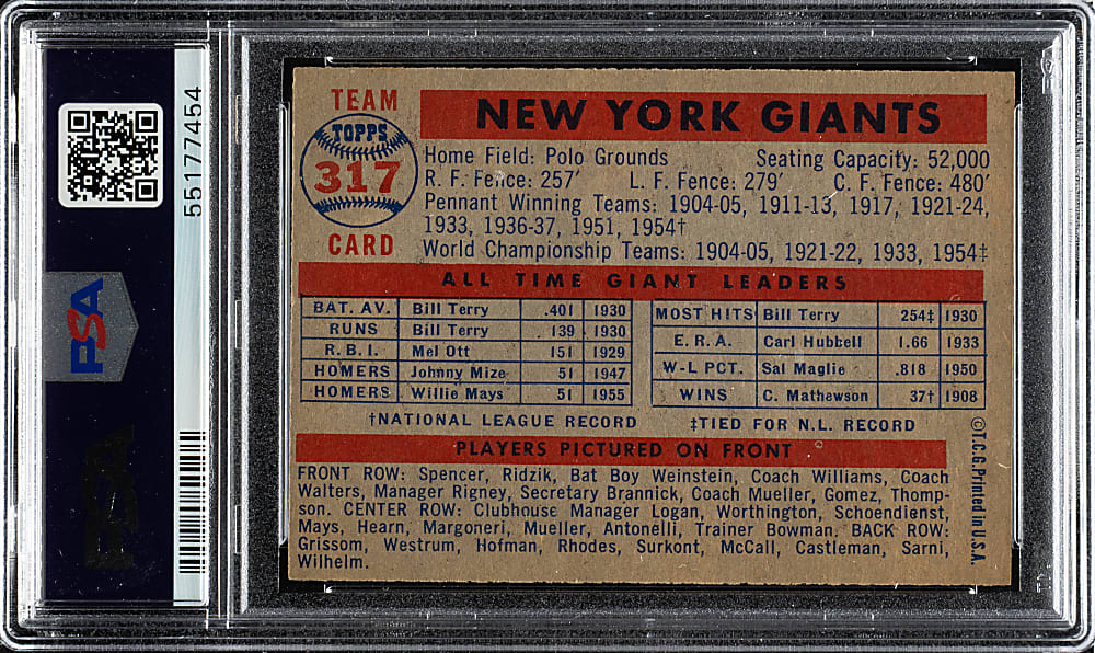 1957 Topps #317 New York Giants Team PSA NM 7