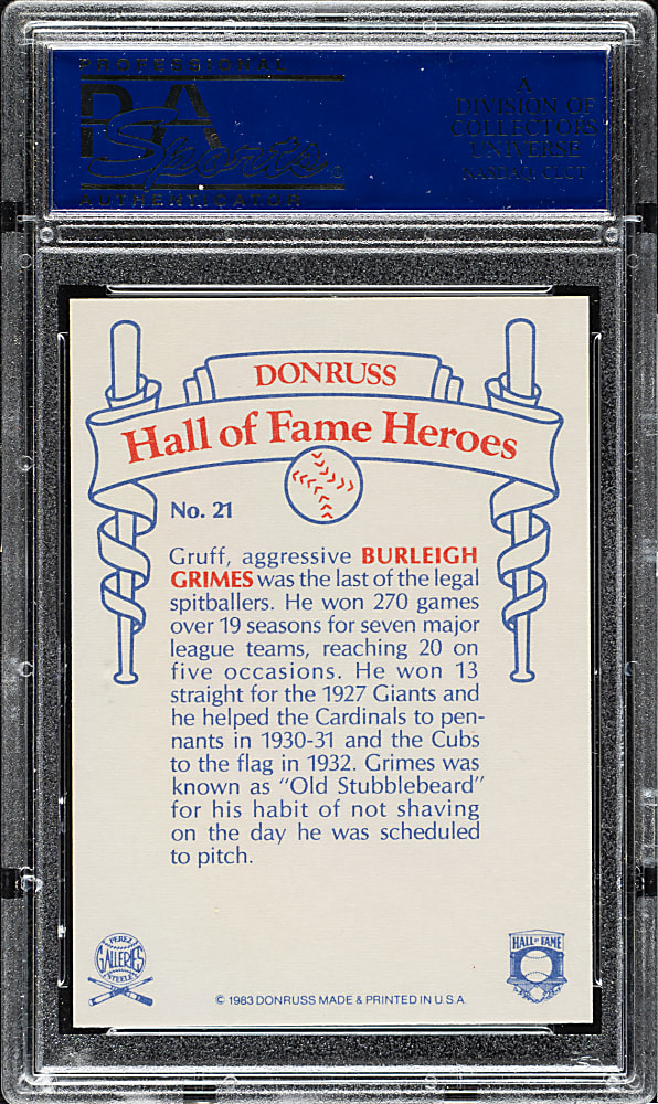 Signed 1983 Donruss Hall of Fame Heroes #21 Burleigh Grimes PSA/DNA NM-MT 8