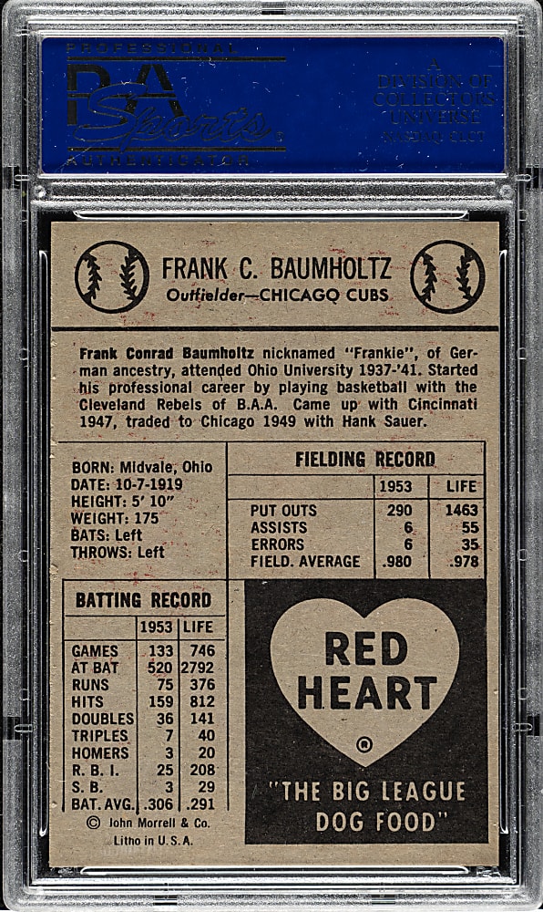 1954 Red Heart Dog Food Frankie Baumholtz PSA NM-MT 8