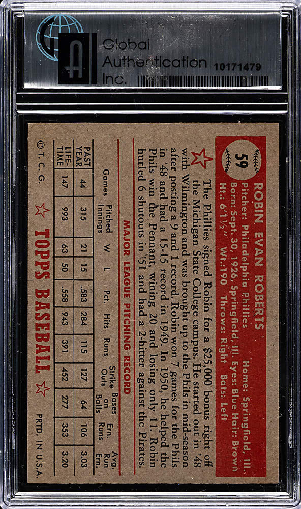 1952 Topps #59 Robin Roberts GAI NM+ 7.5