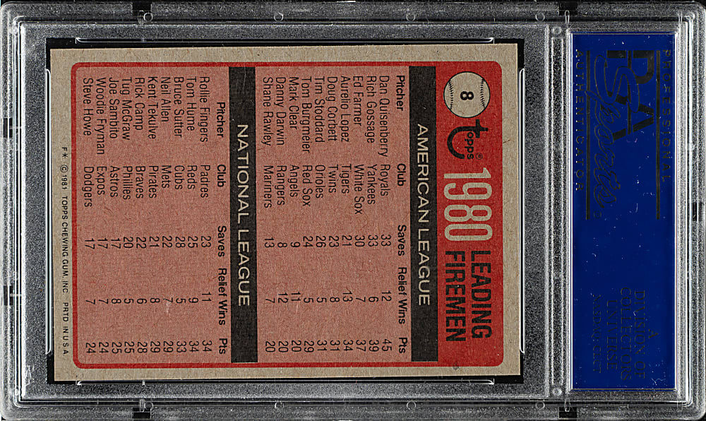 1981 Topps #8 Leading Fireman with Rollie Fingers PSA GEM MINT 10