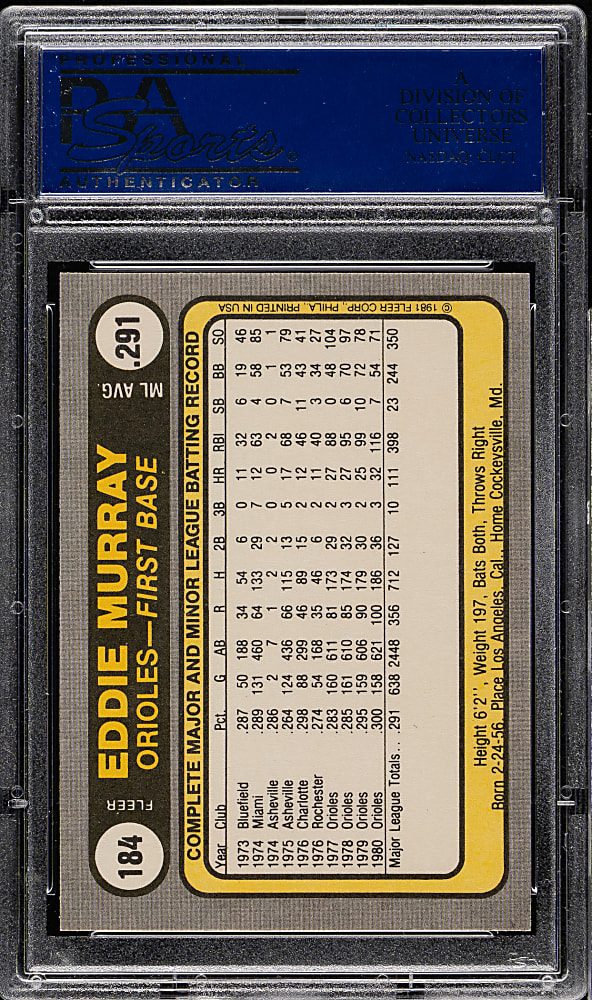1981 Fleer #184 Eddie Murray PSA GEM MINT 10