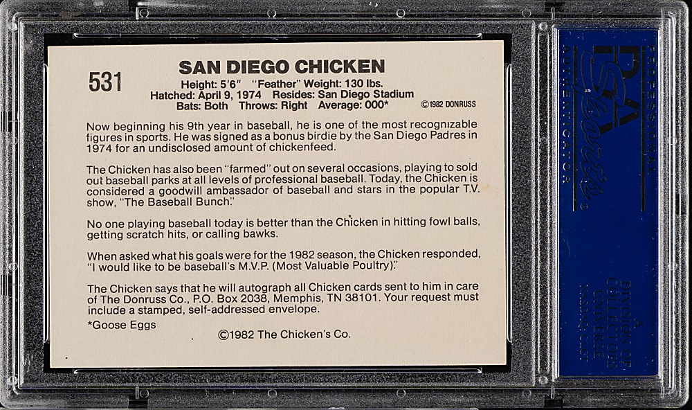 Signed 1982 Donruss #531 San Diego Chicken - PSA/DNA