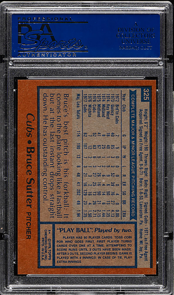 1978 Topps #325 Bruce Sutter PSA MINT 9