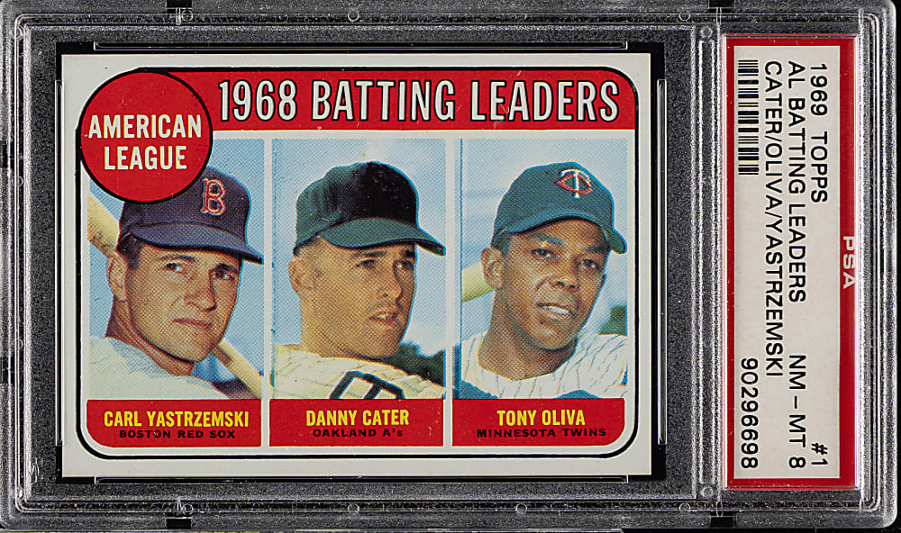 1969 Topps #1 AL Batting Leaders with Carl Yastrzemski and Tony Oliva PSA NM-MT 8