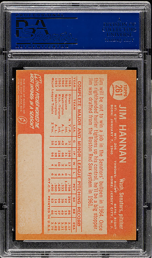 1964 Topps #261 Jim Hannan PSA NM-MT 8