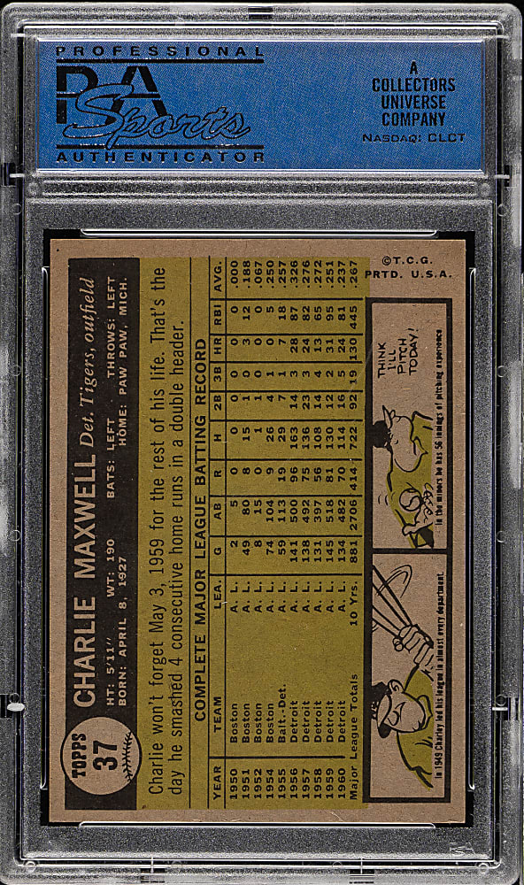 1961 Topps #37 Charlie Maxwell PSA NM-MT 8