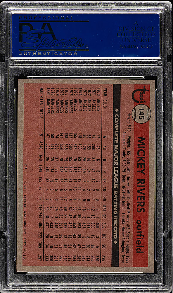 1981 Topps #145 Mickey Rivers PSA GEM MINT 10