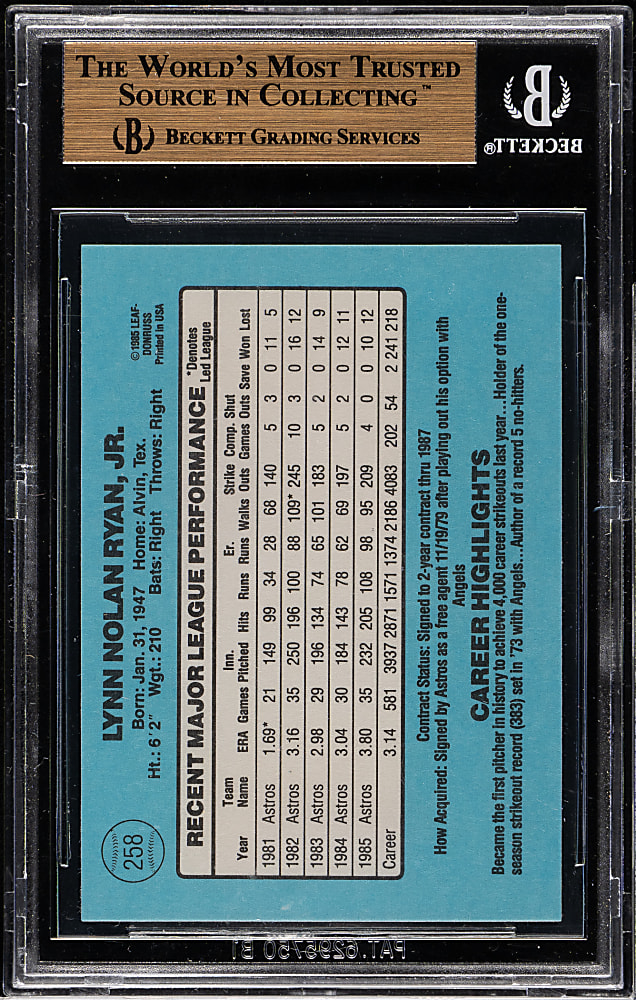 1986 Donruss #258 Nolan Ryan BGS GEM MINT 9.5