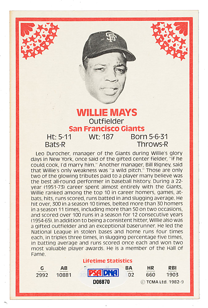 Signed 1982 TCMA Stars of the 50's Willie Mays - PSA/DNA