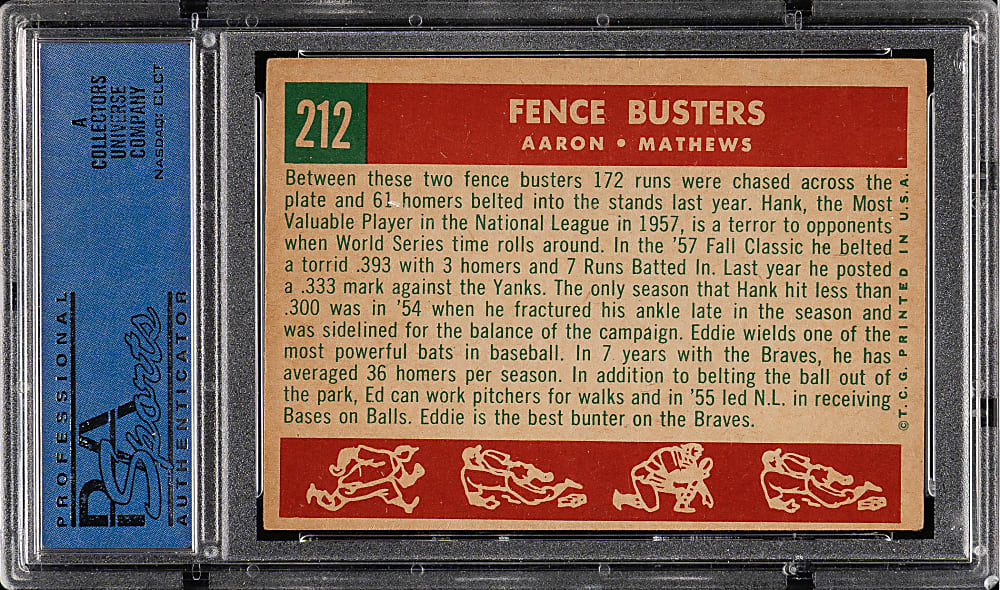1959 Topps #212 Fence Busters with Hank Aaron and Eddie Mathews PSA EX 5