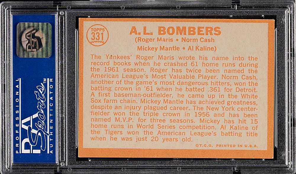 1964 Topps #331 A. L. Bombers with Mantle, Maris, and Kaline PSA EX 5