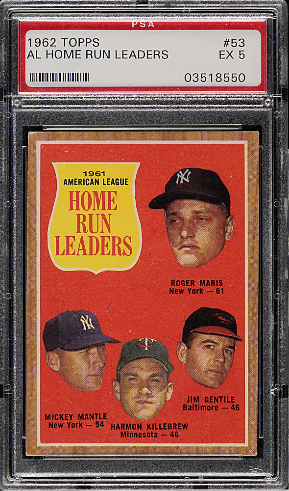 1962 Topps #53 AL Home Run Leaders with Mickey Mantle and Roger Maris PSA EX 5