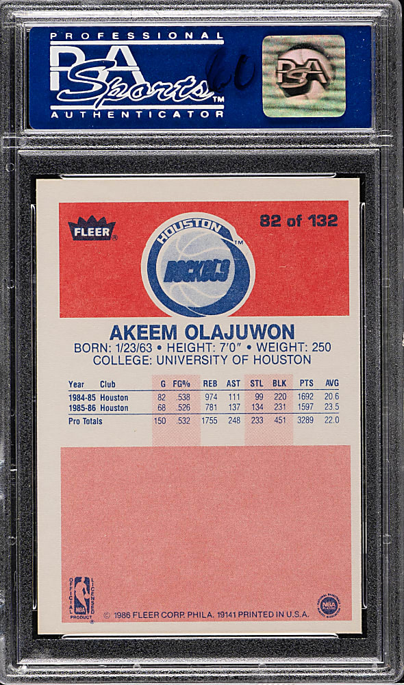 1986-1987 Fleer Basketball #82 Akeem Olajuwon Rookie PSA NM-MT 8 (OC)