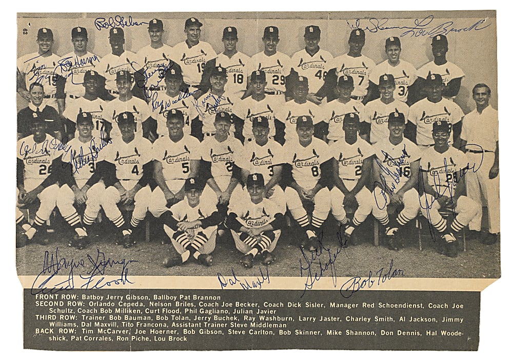 Signed 1966 National League Champion St. Louis Cardinals Team Magazine Photograph (17 Signatures) with Bob Gibson, Lou Brock, and Steve Carlton